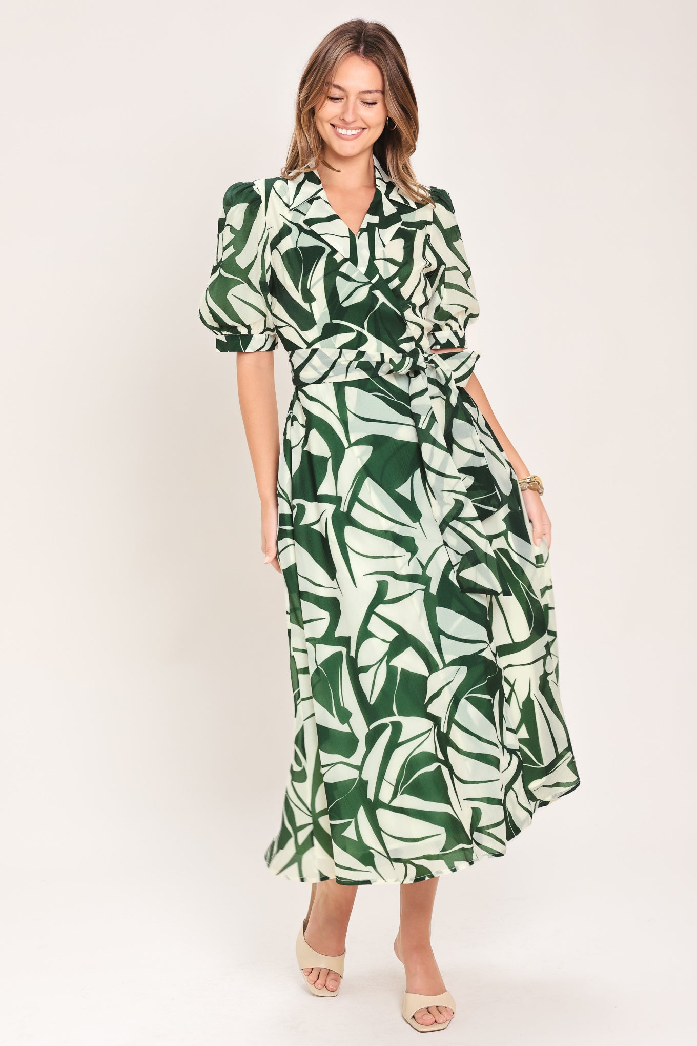 BOTANICAL BREEZE WOVEN TRUE WRAP MIDI DRESS