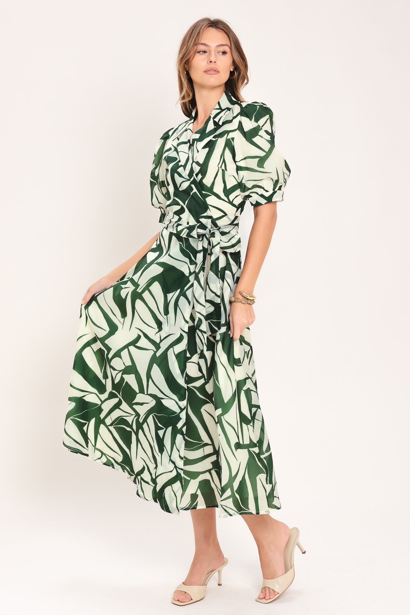 BOTANICAL BREEZE WOVEN TRUE WRAP MIDI DRESS