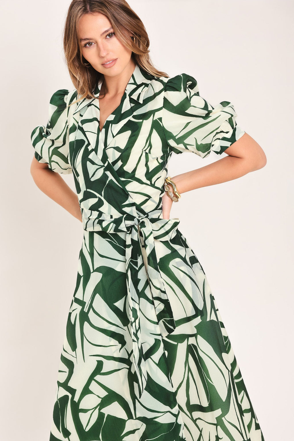 BOTANICAL BREEZE WOVEN TRUE WRAP MIDI DRESS