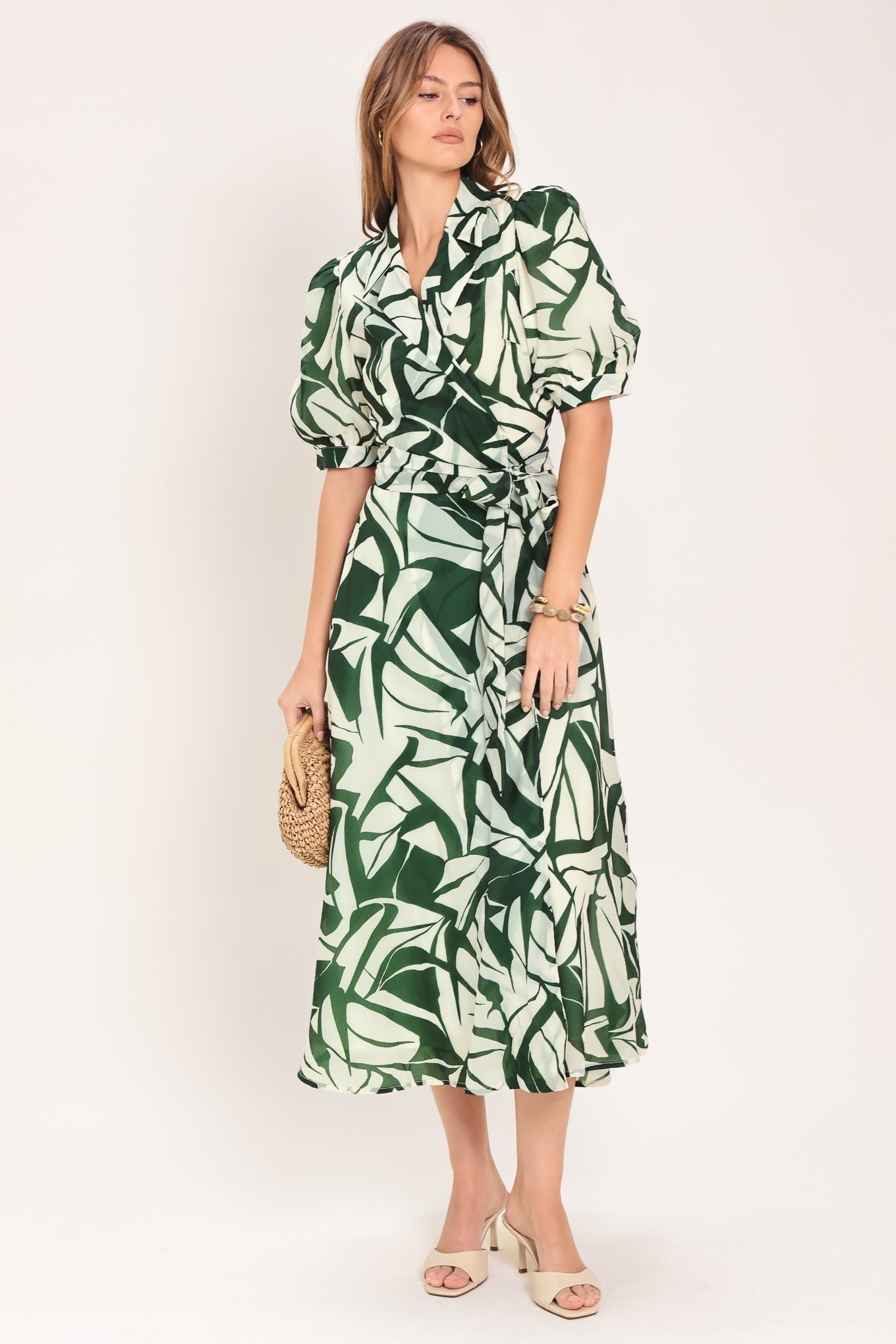 BOTANICAL BREEZE WOVEN TRUE WRAP MIDI DRESS