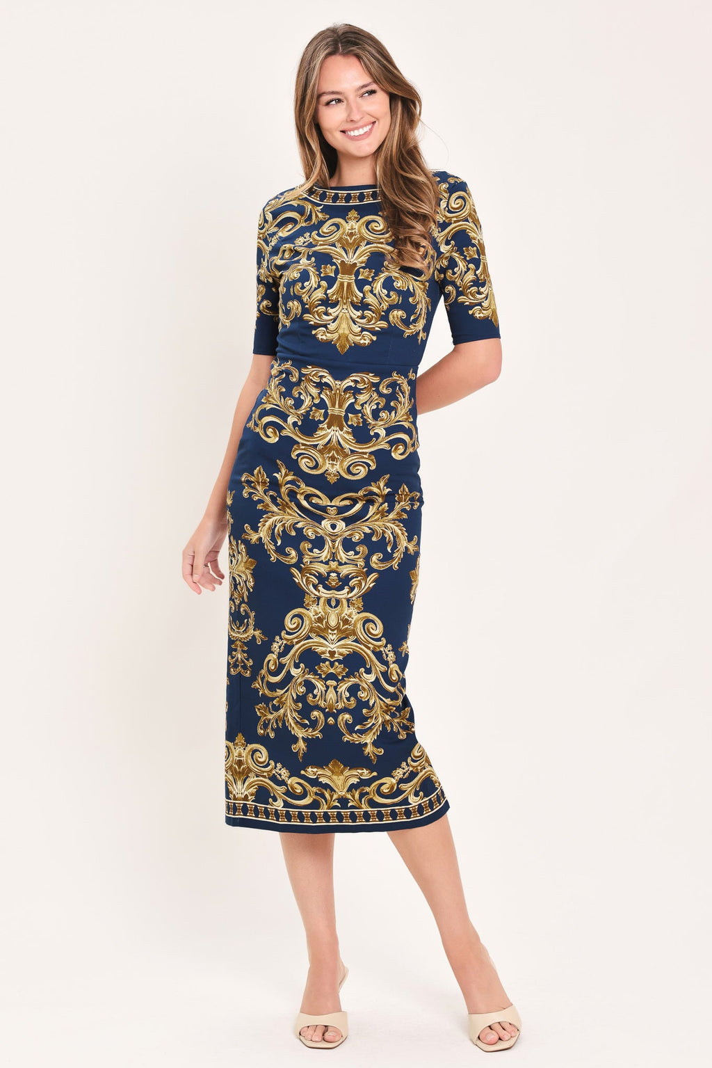 NOBLE GOLDEN FLOURISH WOVEN MIDI DRESS