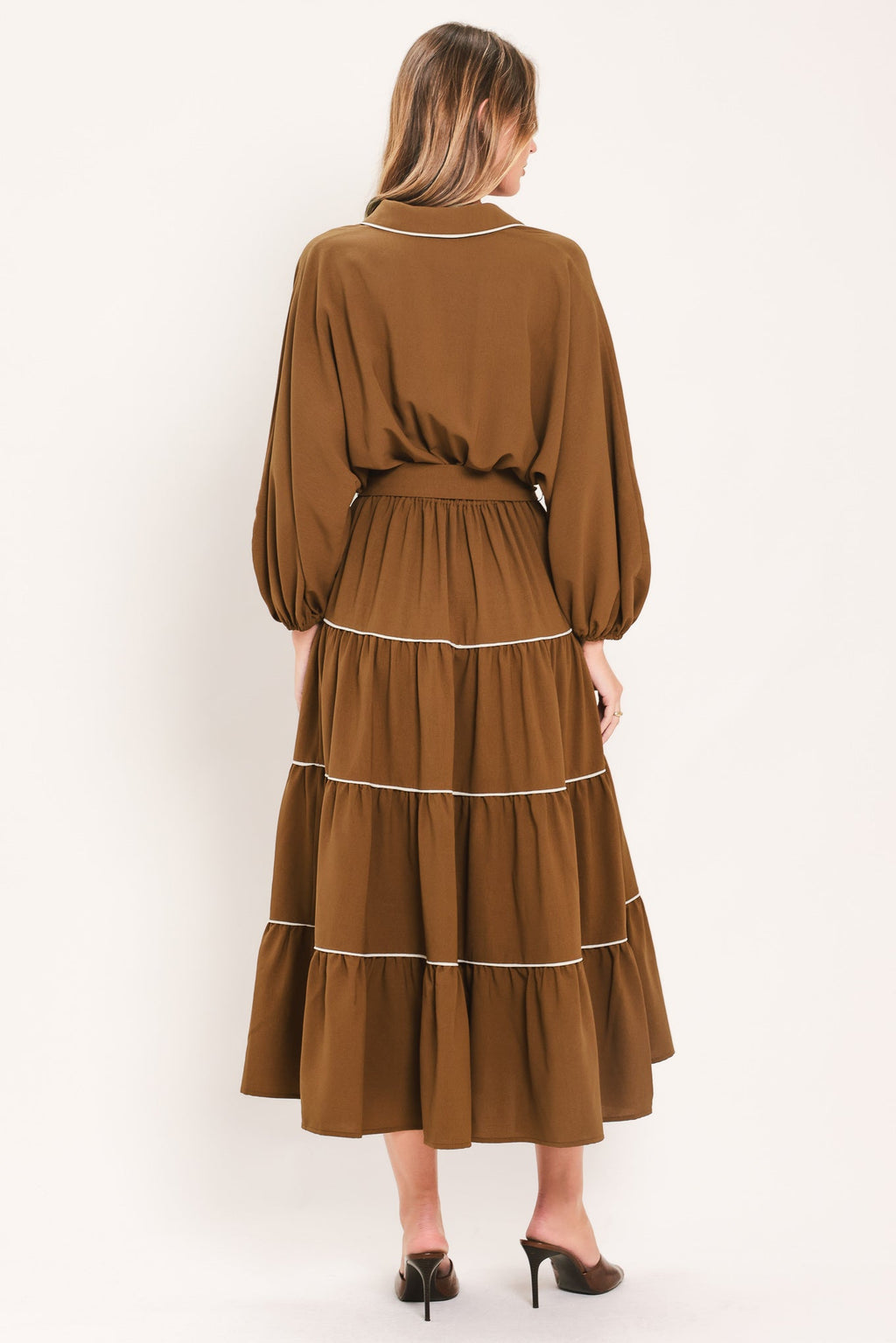 MAPLE TIERED MOMENTS WOVEN MIDI DRESS