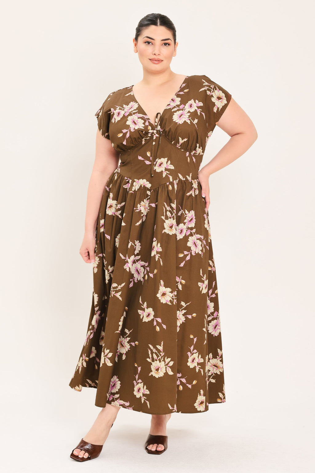 BROWN DAISY WOVEN MIDI DRESS