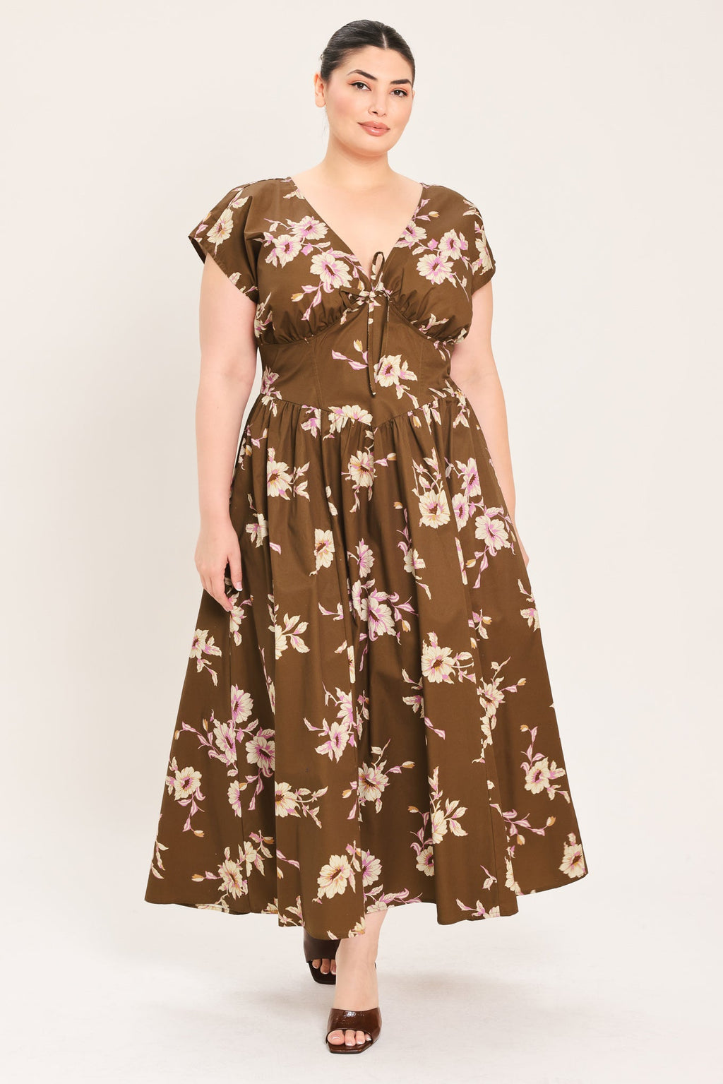 BROWN DAISY WOVEN MIDI DRESS