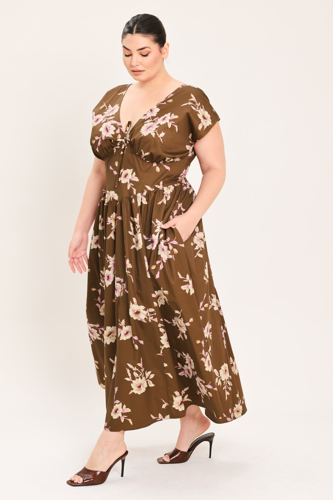 BROWN DAISY WOVEN MIDI DRESS