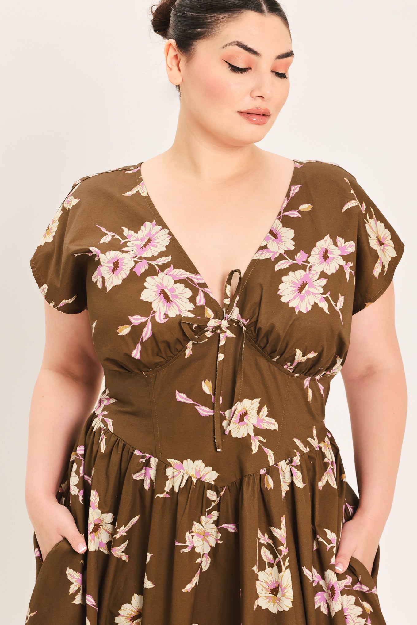 BROWN DAISY WOVEN MIDI DRESS