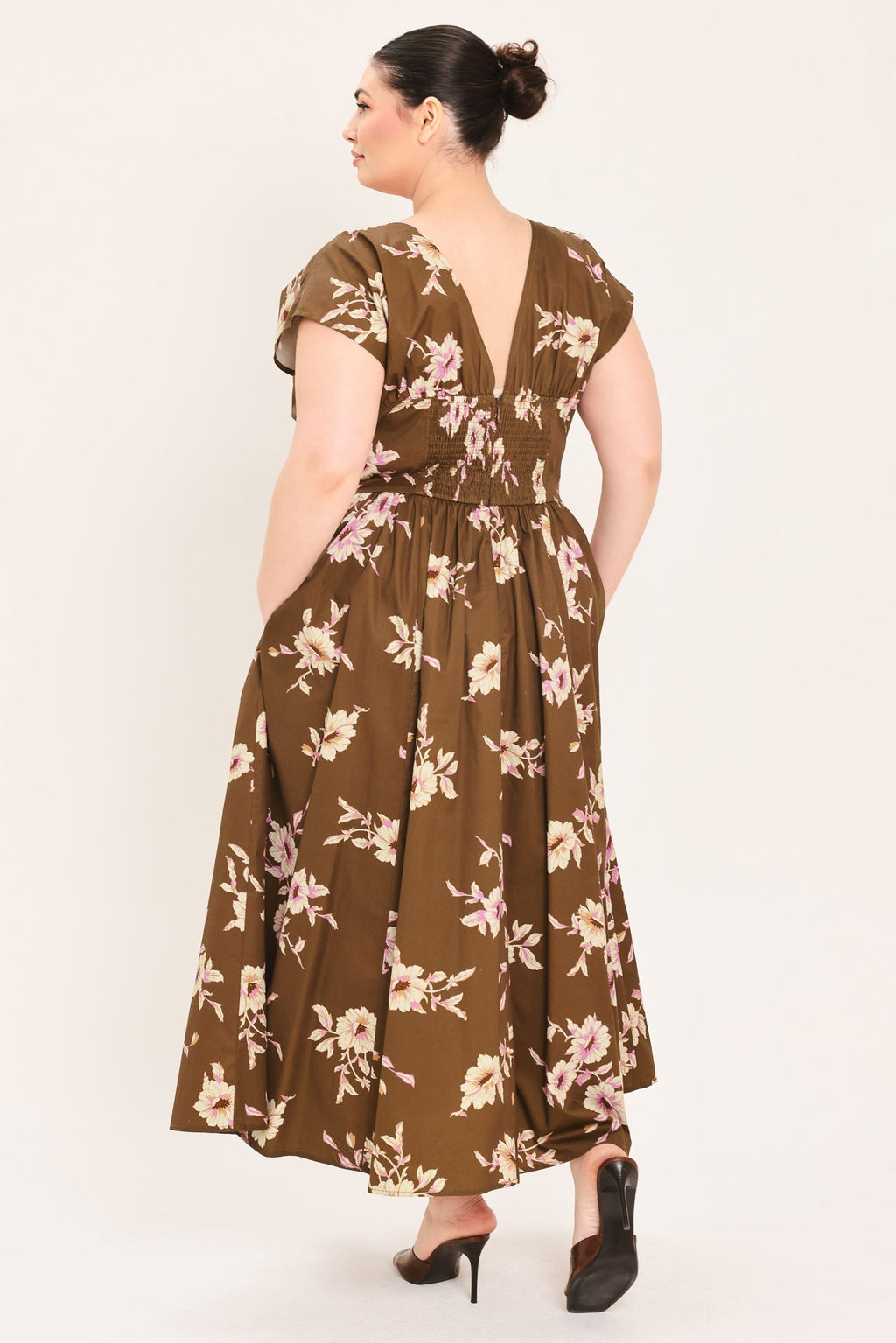 BROWN DAISY WOVEN MIDI DRESS