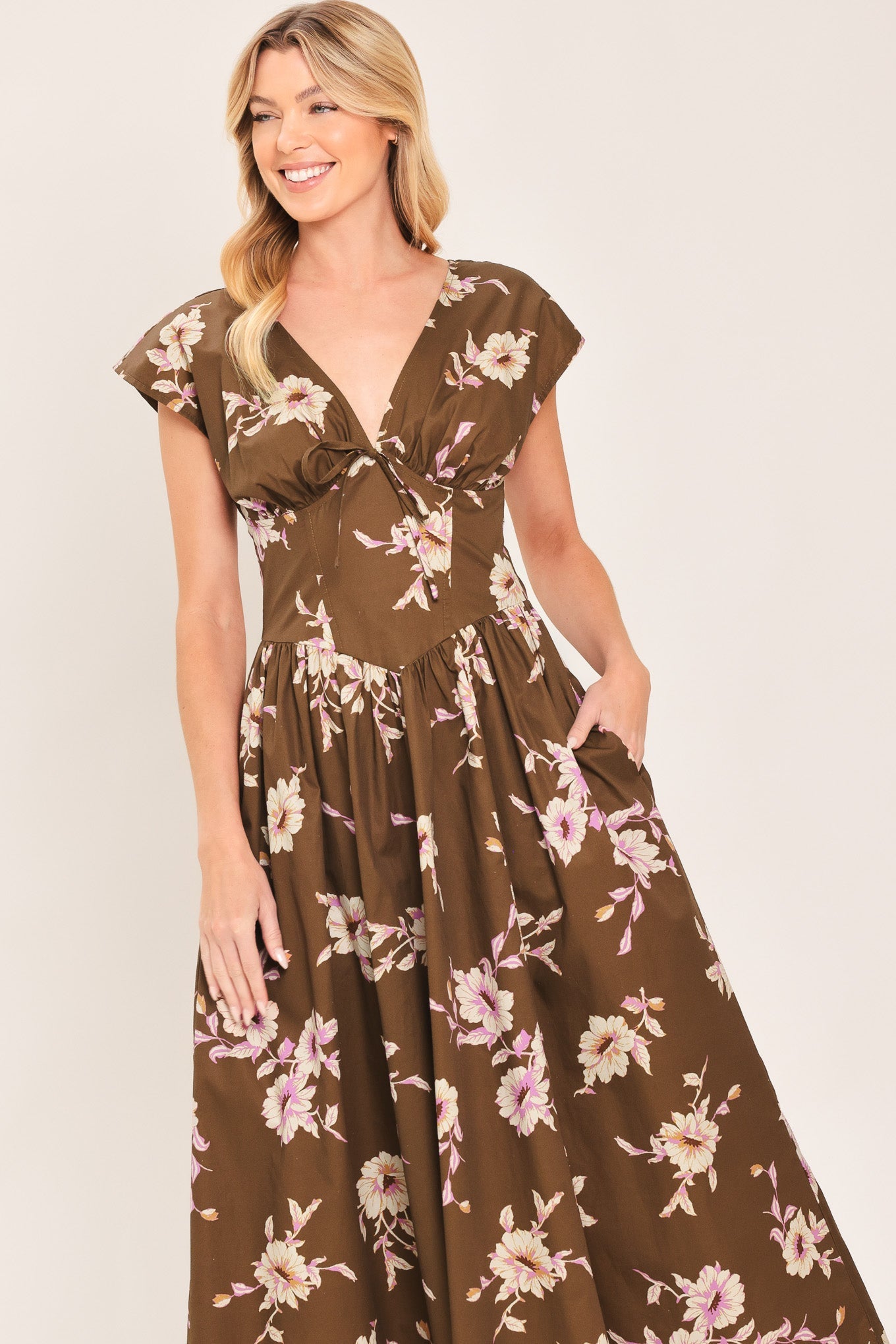 BROWN DAISY WOVEN MIDI DRESS