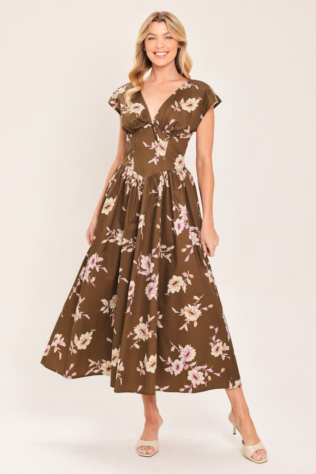 BROWN DAISY WOVEN MIDI DRESS