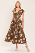 BROWN DAISY WOVEN MIDI DRESS