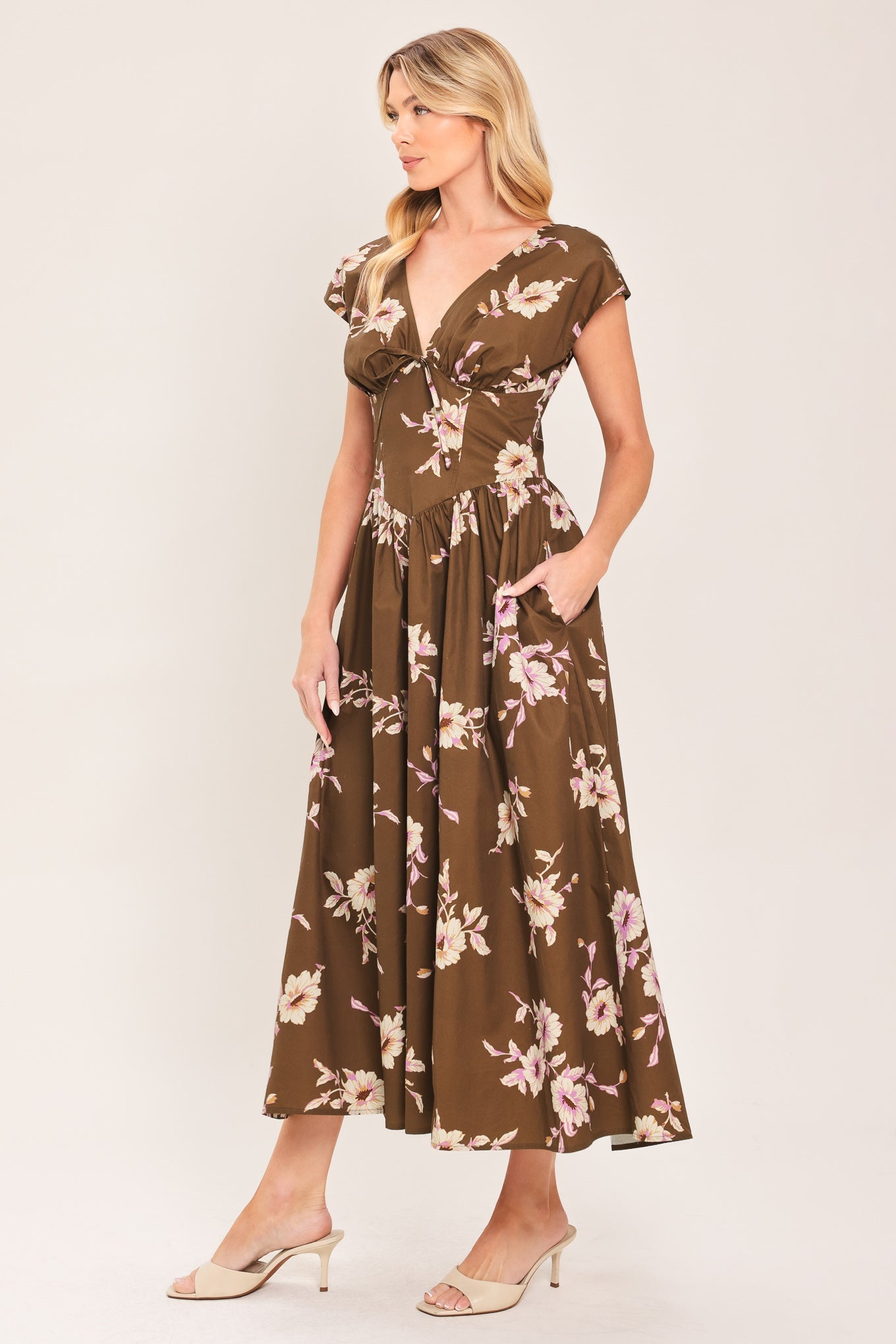 BROWN DAISY WOVEN MIDI DRESS