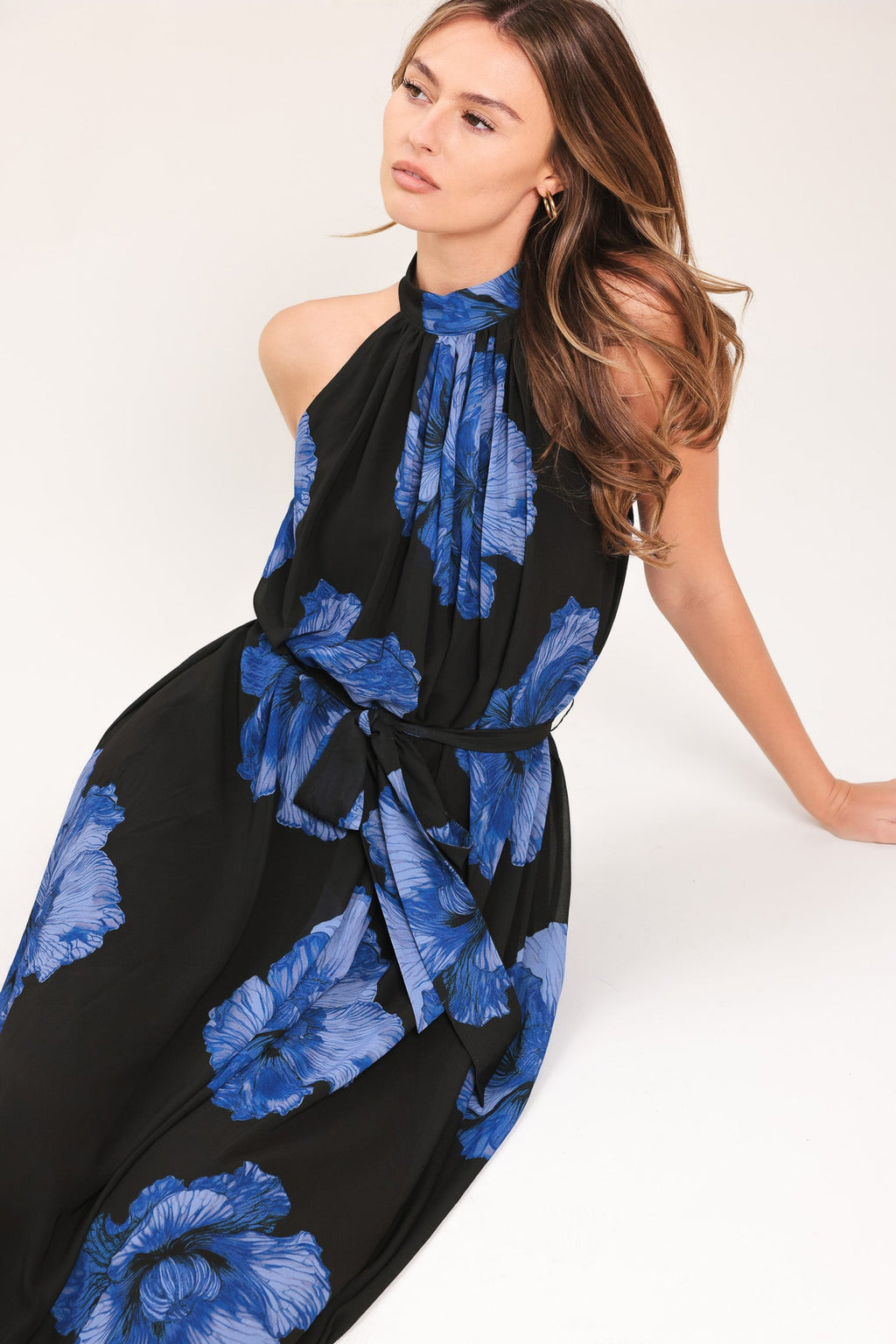 EVENING ORCHARD WOVEN HALTER MAXI DRESS