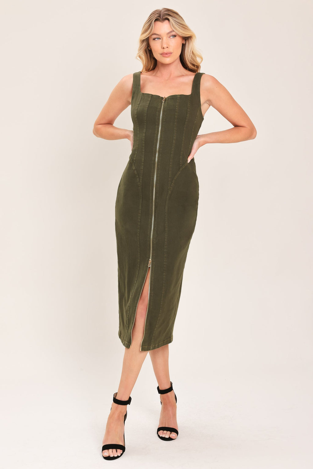 MODERN CARGO CHIC WOVEN TWILL MIDI DRESS