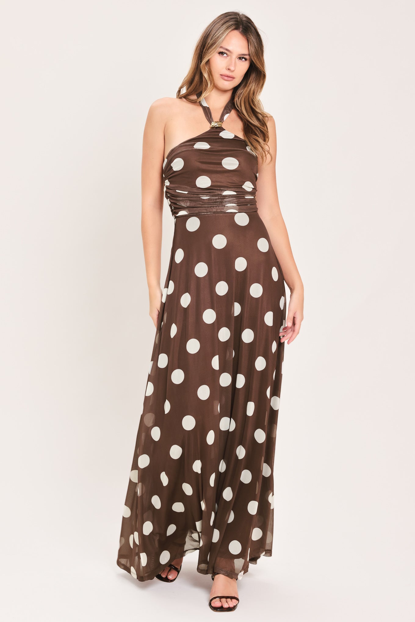POLKA KISSES HALTER POWER MESH MAXI DRESS
