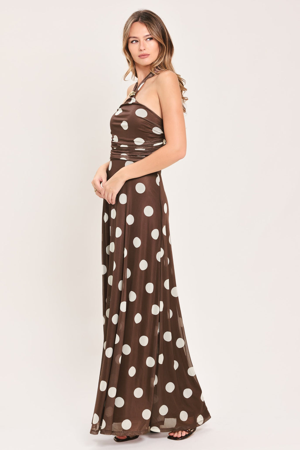 POLKA KISSES HALTER POWER MESH MAXI DRESS