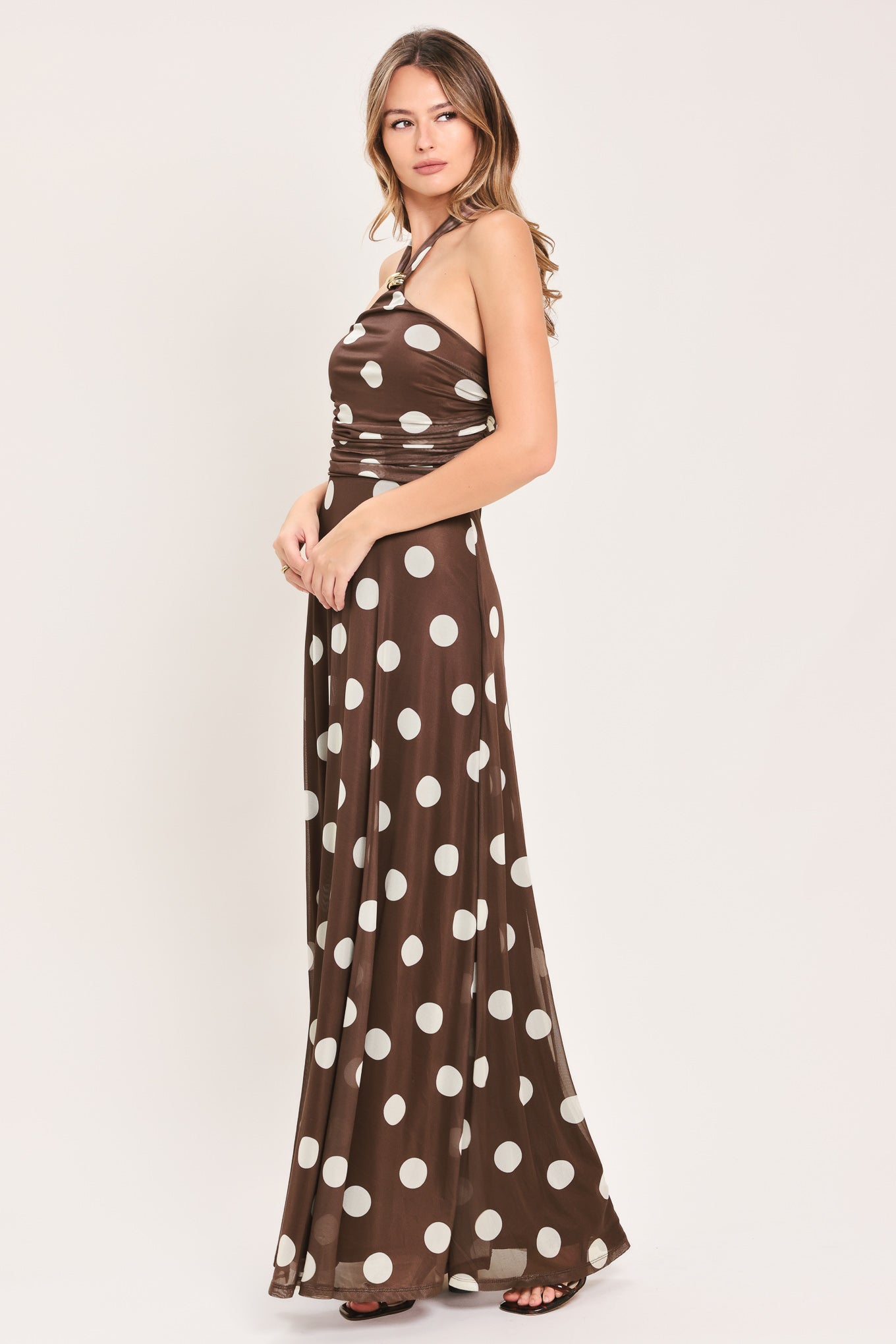 POLKA KISSES HALTER POWER MESH MAXI DRESS