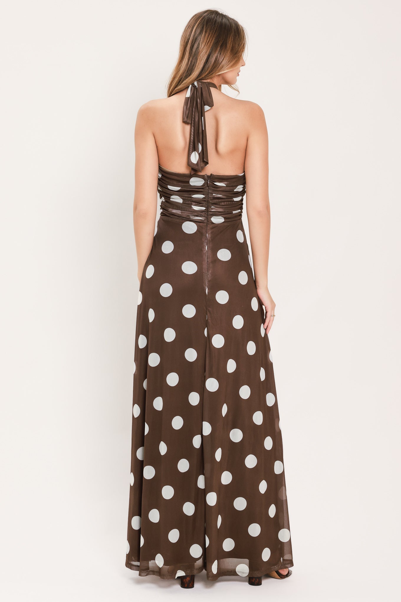 POLKA KISSES HALTER POWER MESH MAXI DRESS