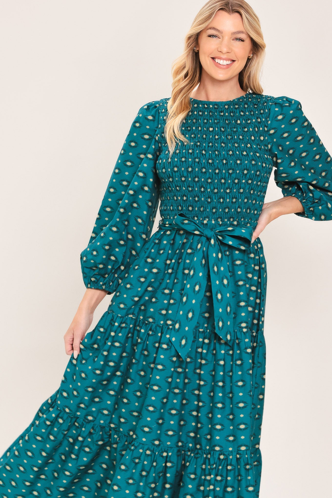 OCEAN DOT RUFFLE WOVEN MIDI DRESS