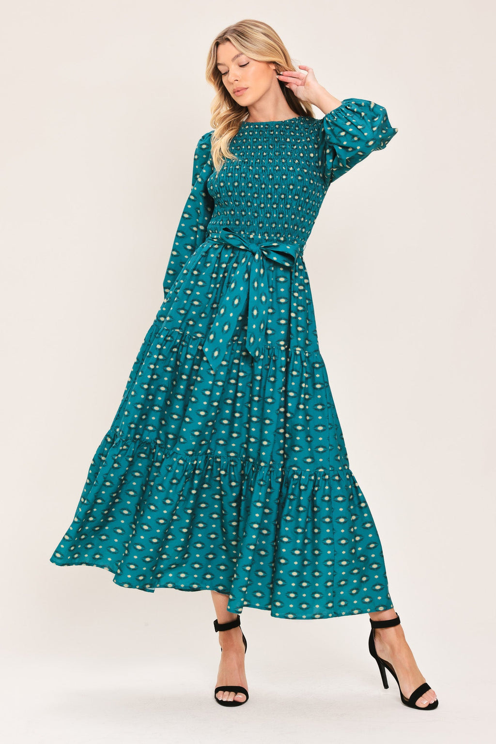 OCEAN DOT RUFFLE WOVEN MIDI DRESS