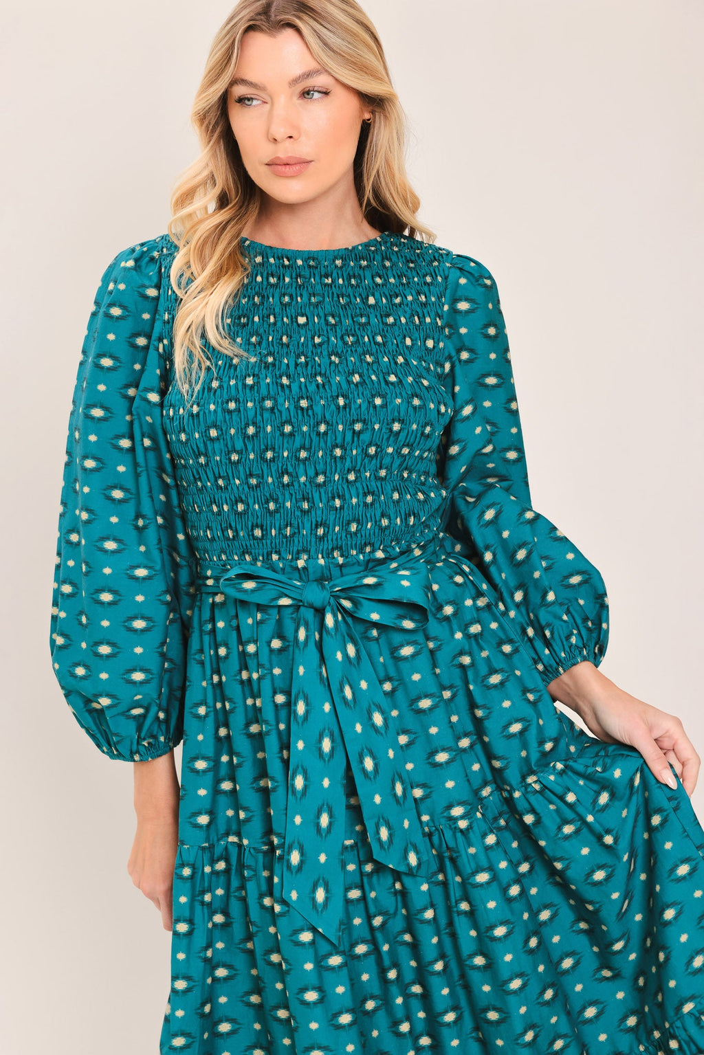 OCEAN DOT RUFFLE WOVEN MIDI DRESS