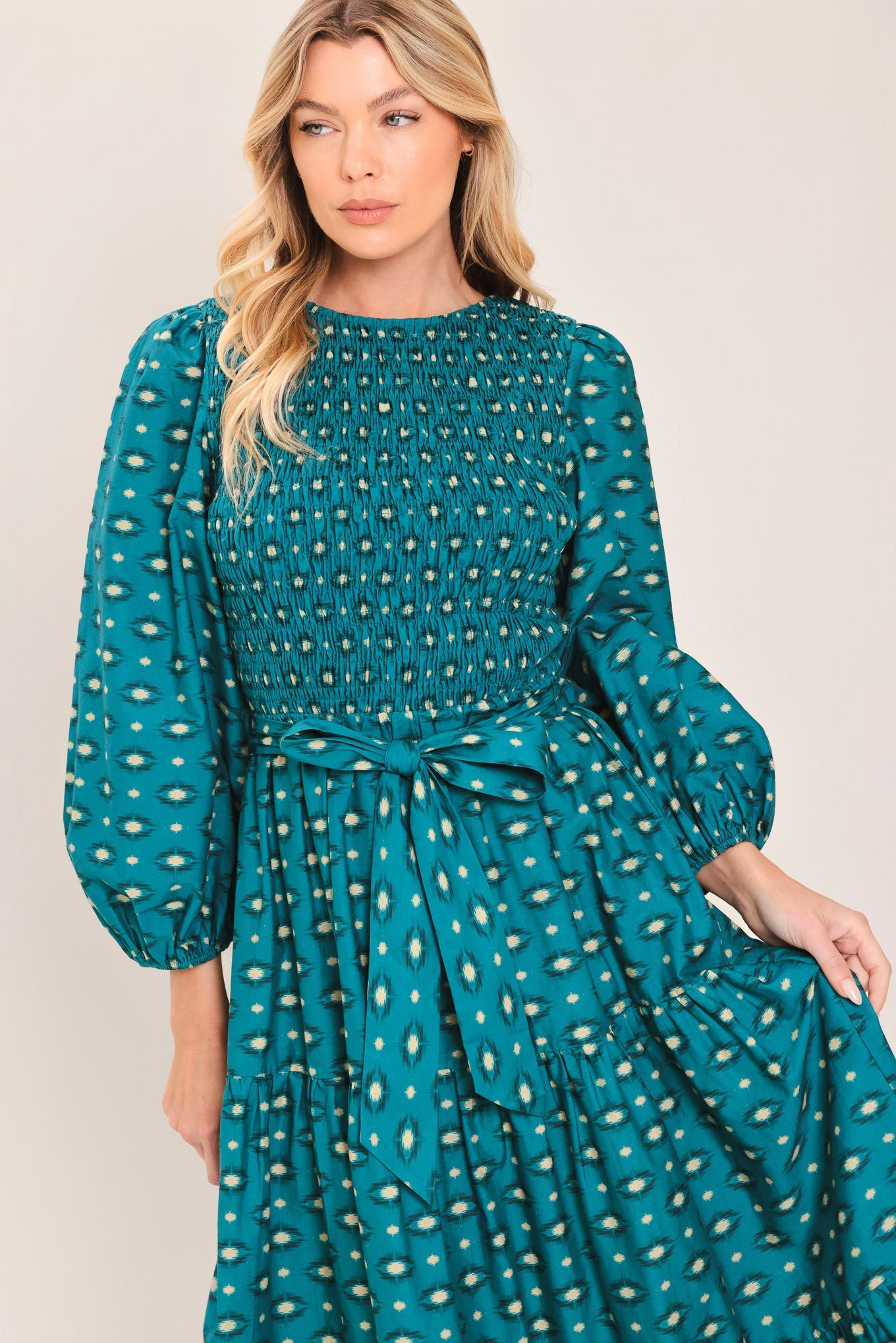OCEAN DOT RUFFLE WOVEN MIDI DRESS