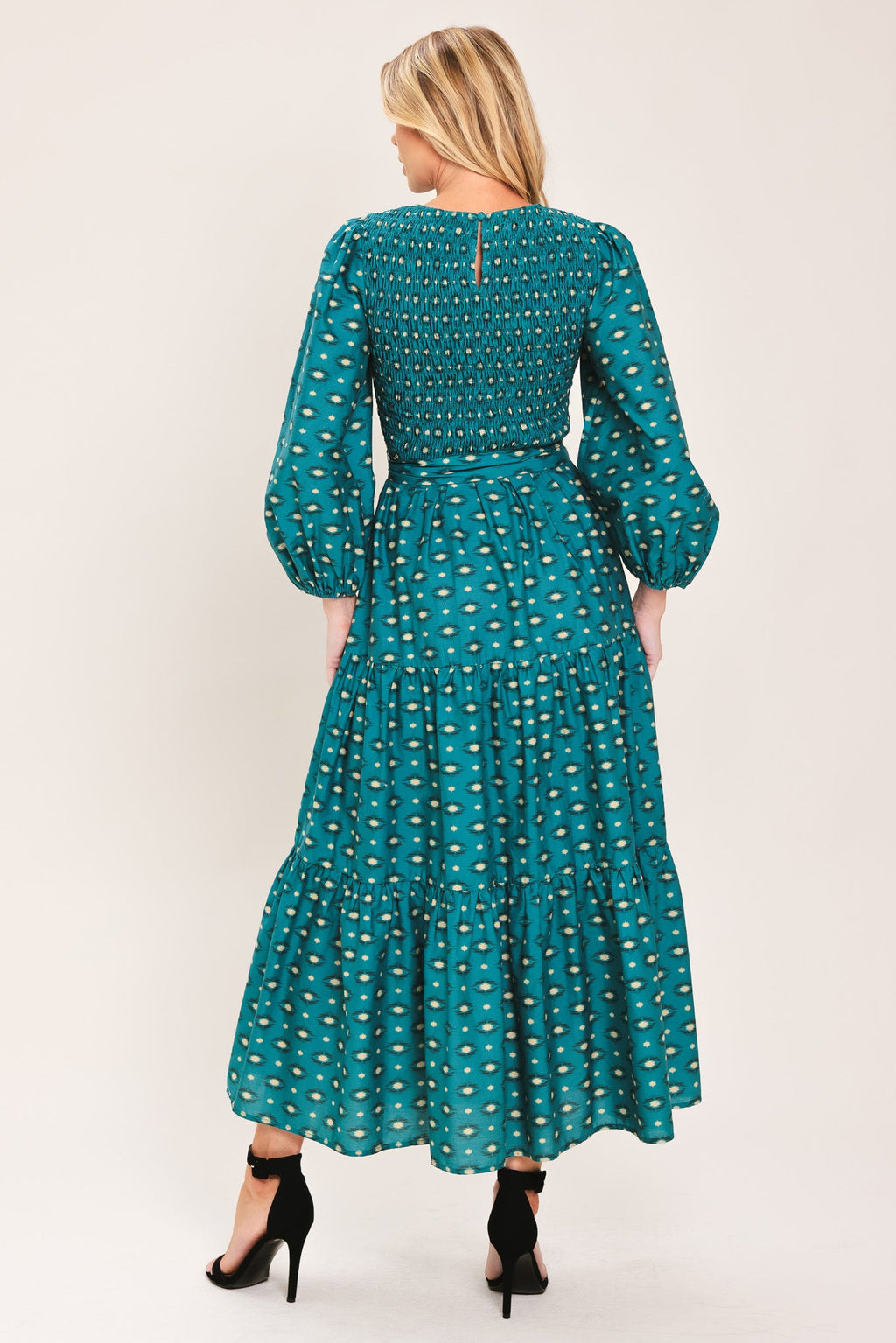 OCEAN DOT RUFFLE WOVEN MIDI DRESS