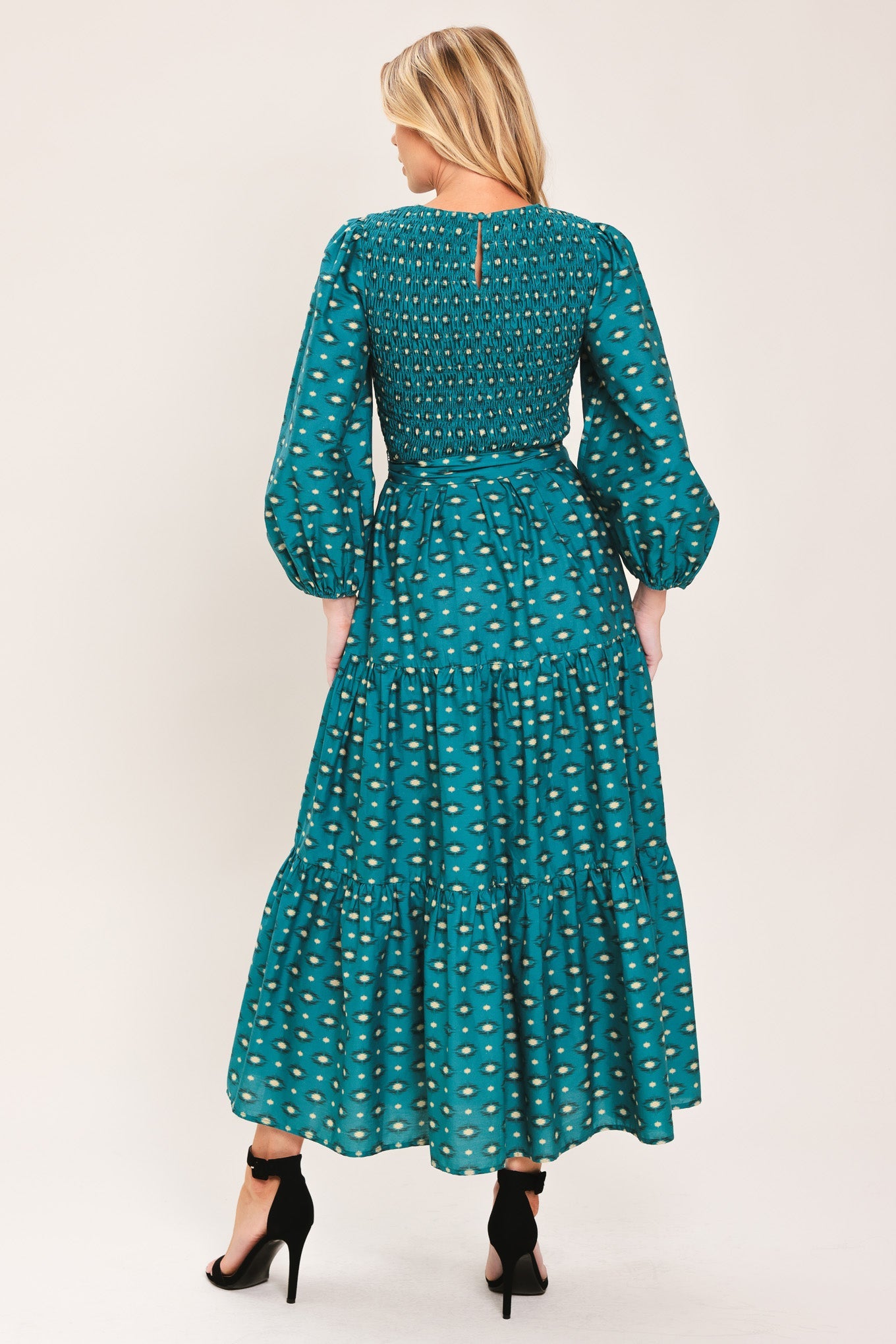 OCEAN DOT RUFFLE WOVEN MIDI DRESS