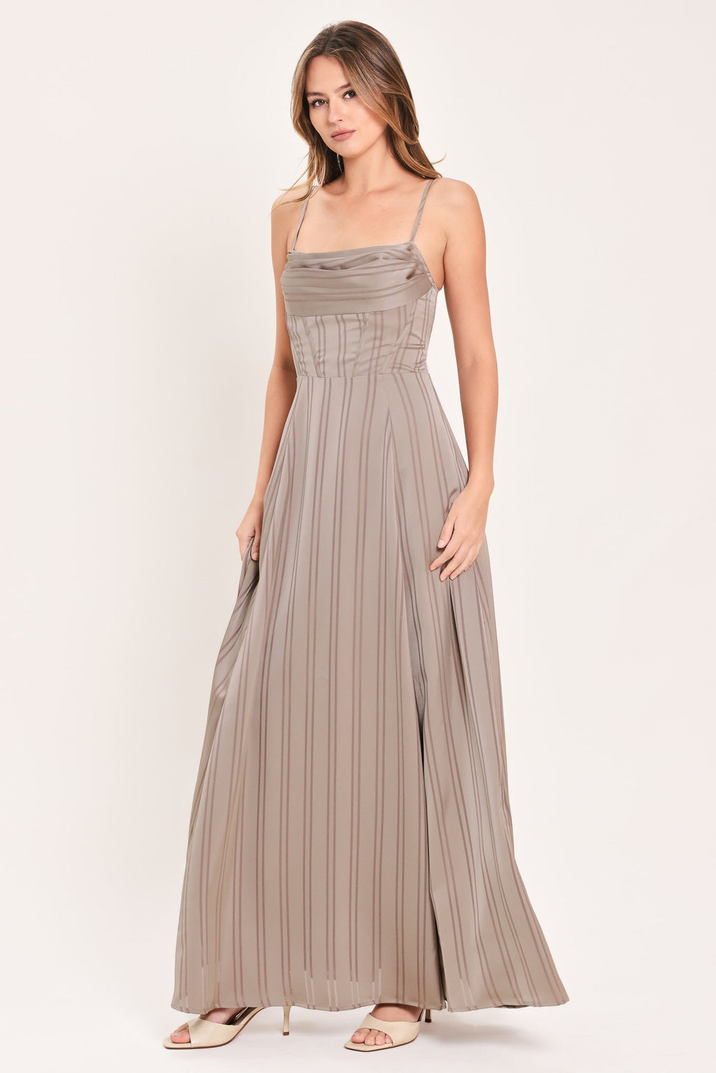 MISTED SILK DAYBREAK WOVEN SHADOW STRIPE MAXI DRESS