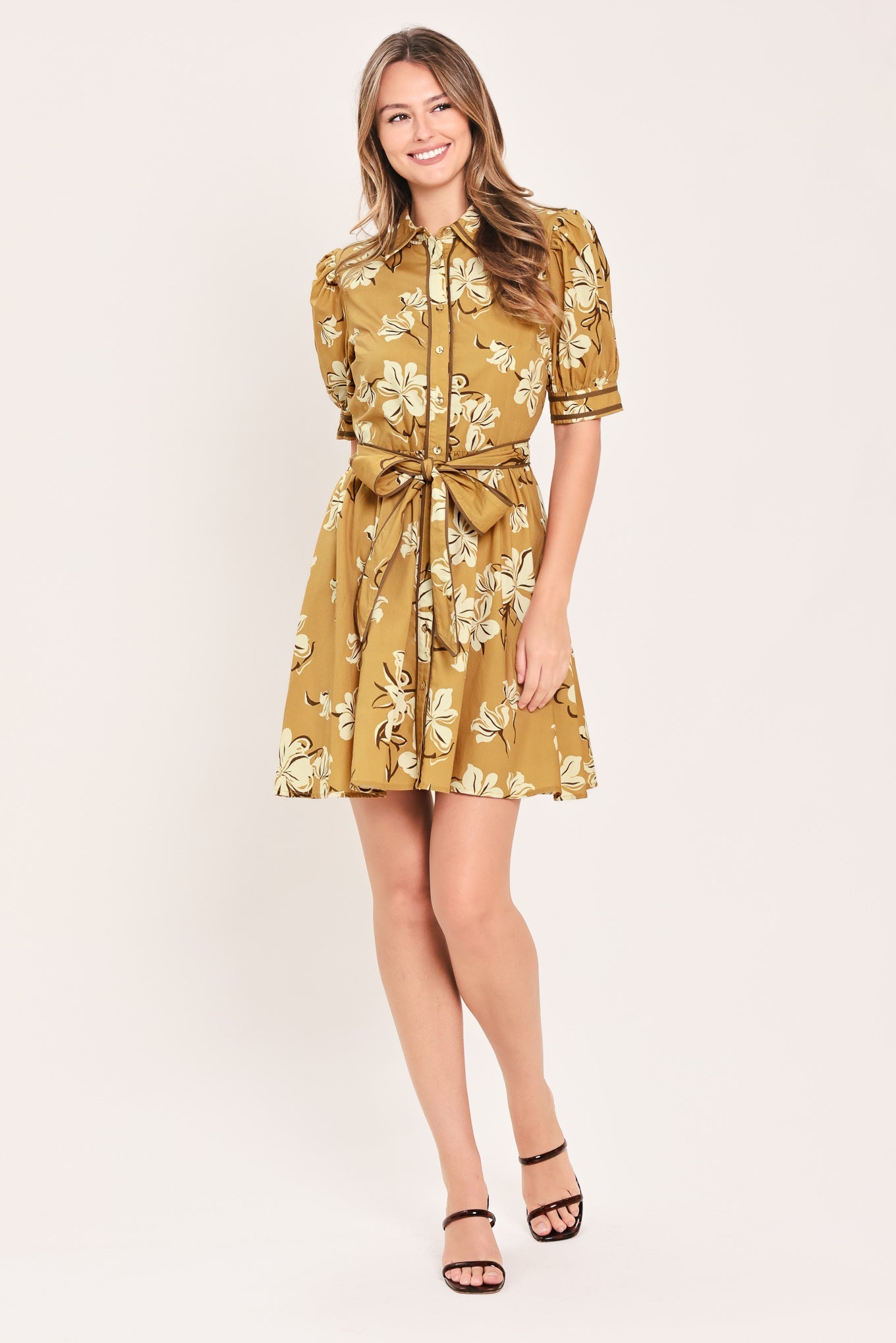 SUNWARM FLORAL CHARM WOVEN MINI SHIRT DRESS