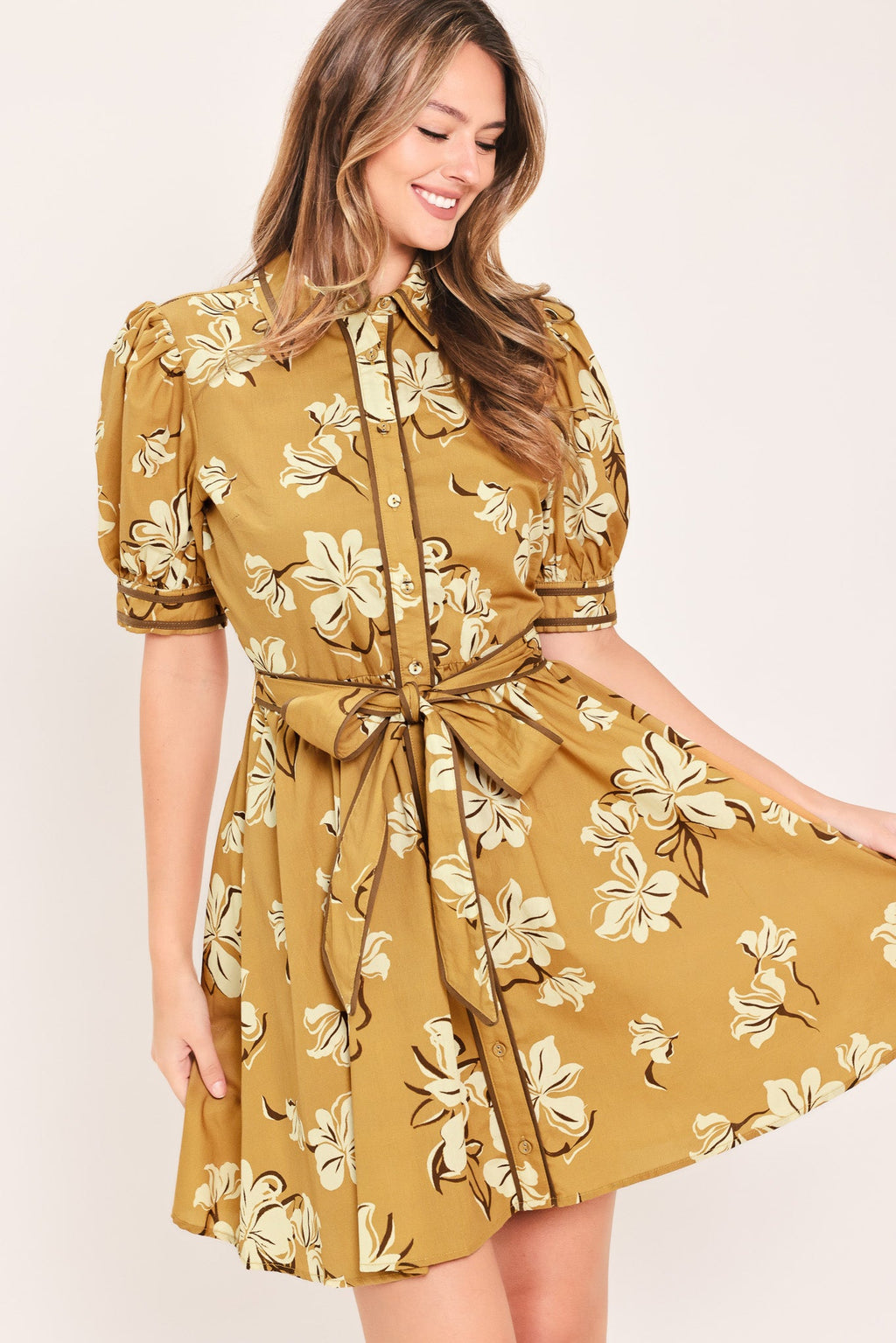 SUNWARM FLORAL CHARM WOVEN MINI SHIRT DRESS