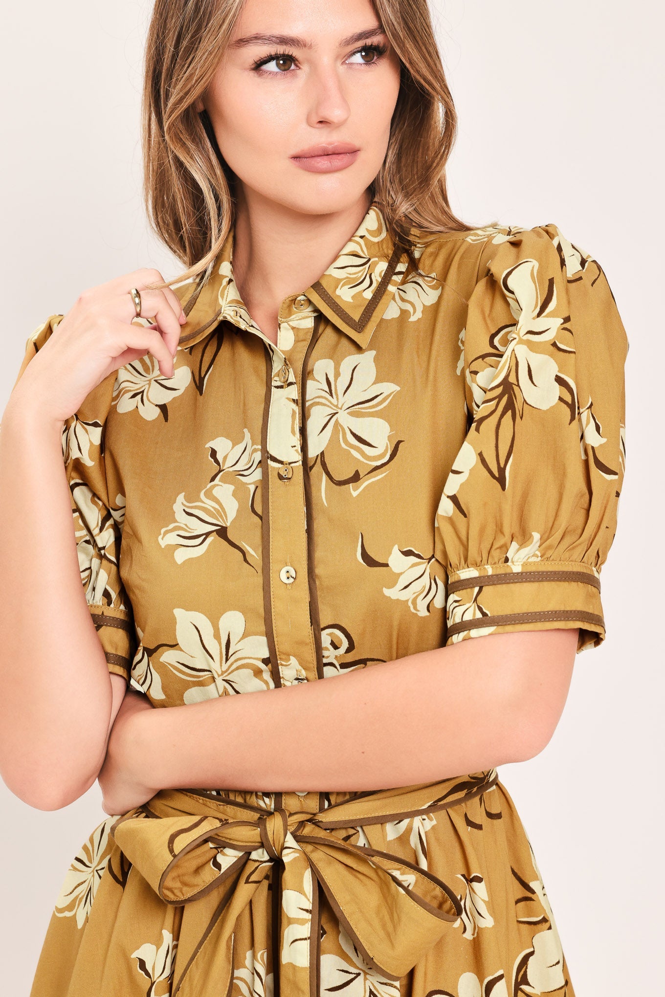 SUNWARM FLORAL CHARM WOVEN MINI SHIRT DRESS