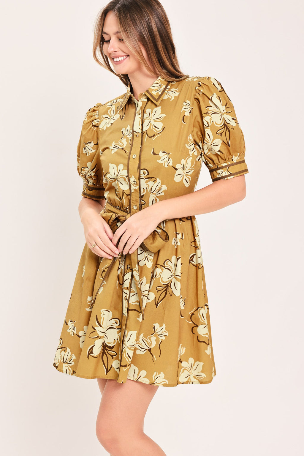 SUNWARM FLORAL CHARM WOVEN MINI SHIRT DRESS