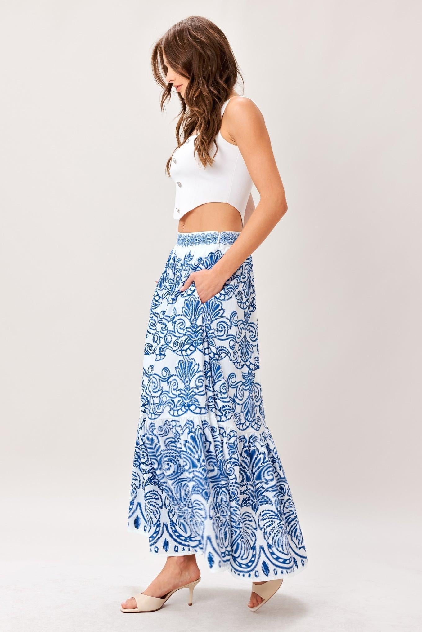 AZURE ORNATE WOVEN FULL MIDI SKIRT