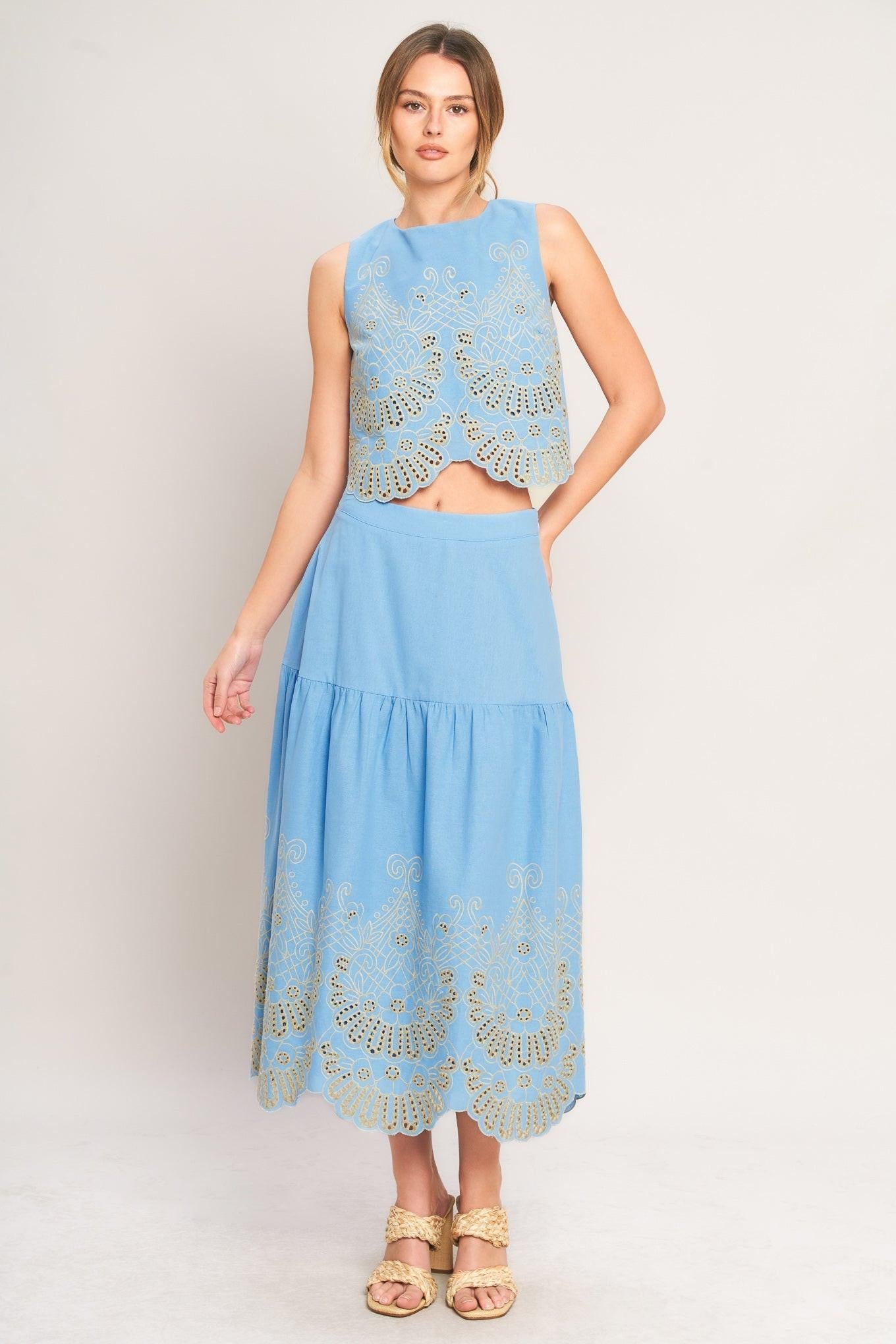 SKY BLOOM WOVEN EYELET MIDI SKIRT