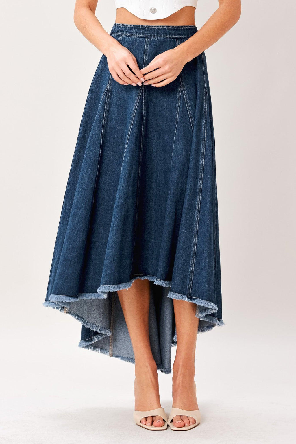 CITY SWING DENIM HI-LO MIDI CIRCLE SKIRT