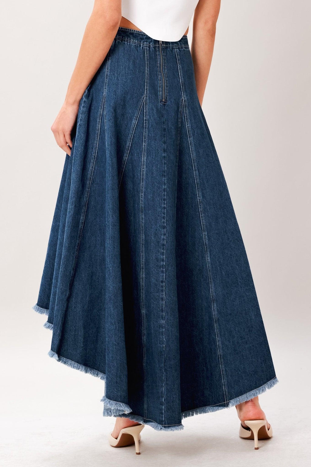 CITY SWING DENIM HI-LO MIDI CIRCLE SKIRT