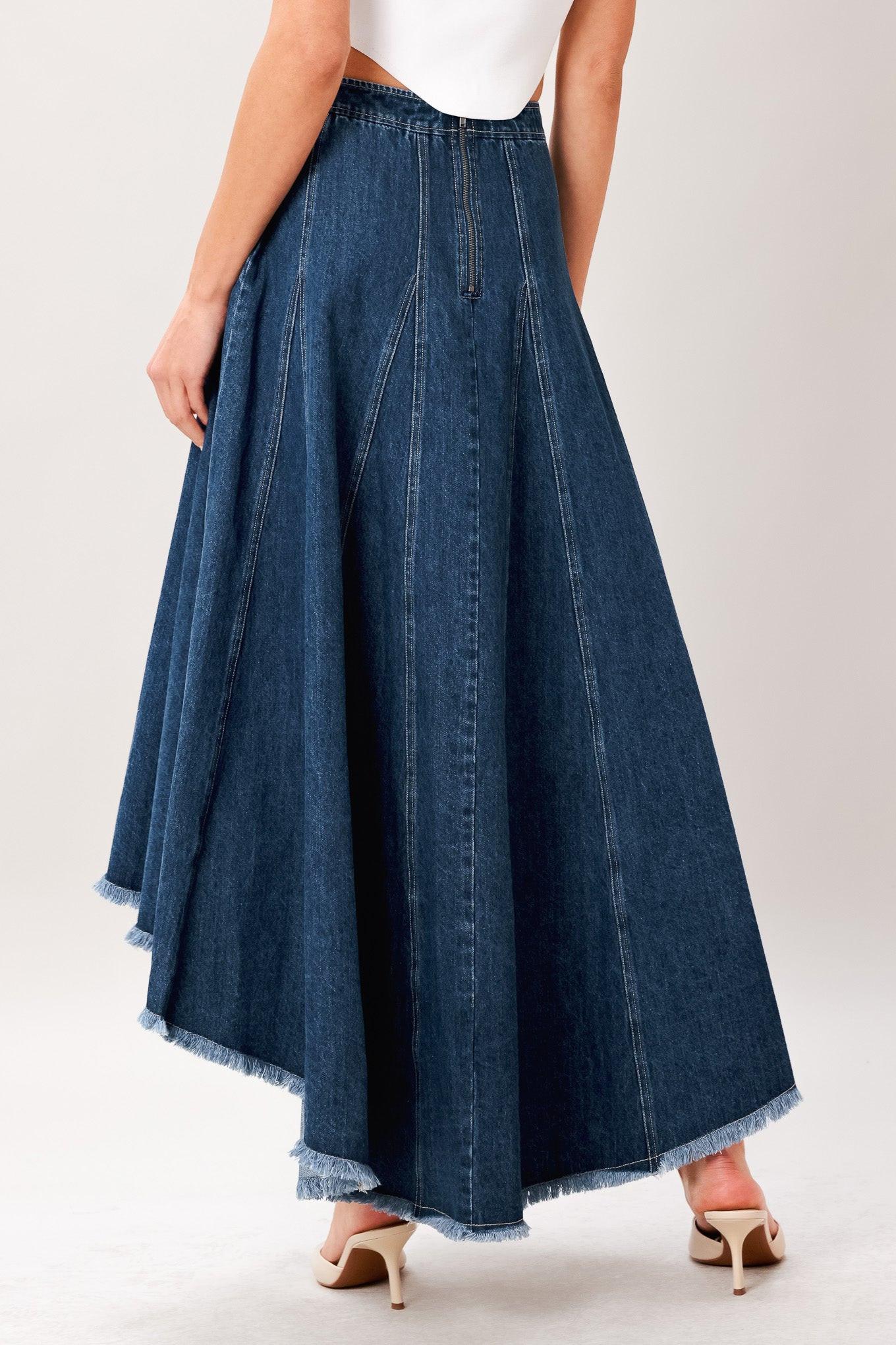CITY SWING DENIM HI-LO MIDI CIRCLE SKIRT