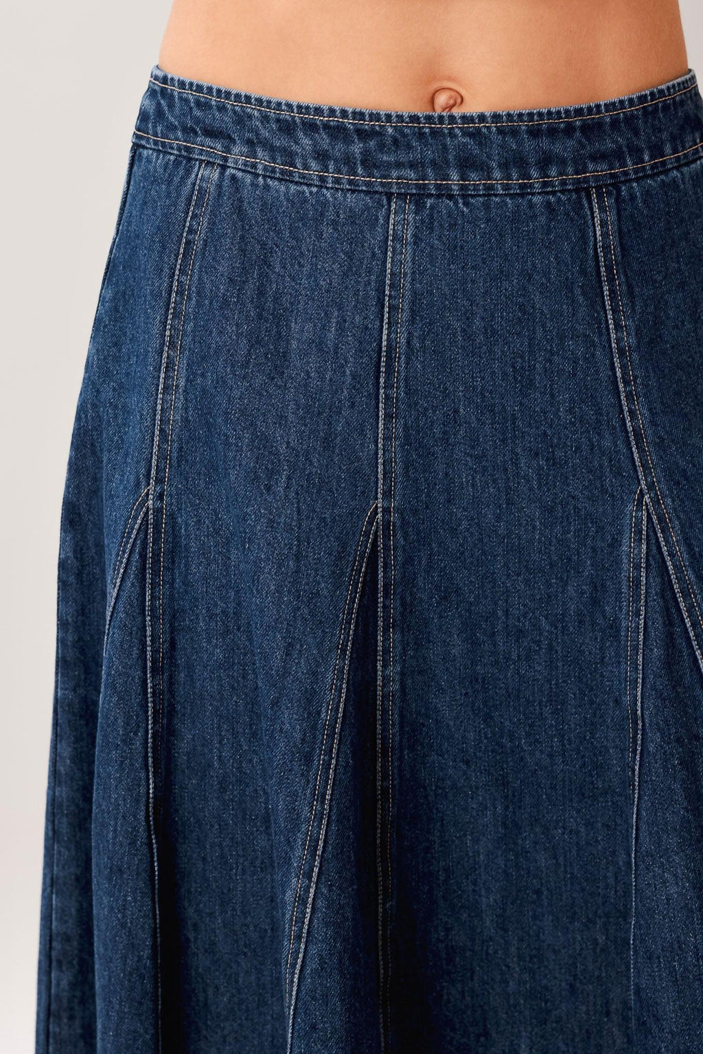CITY SWING DENIM HI-LO MIDI CIRCLE SKIRT