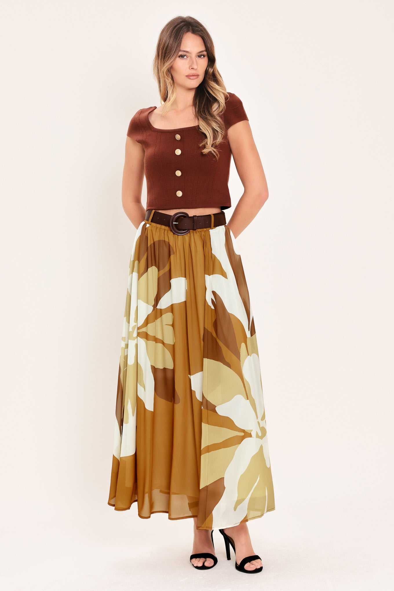 TOFFEE TROPICS WOVEN MIDI SKIRT