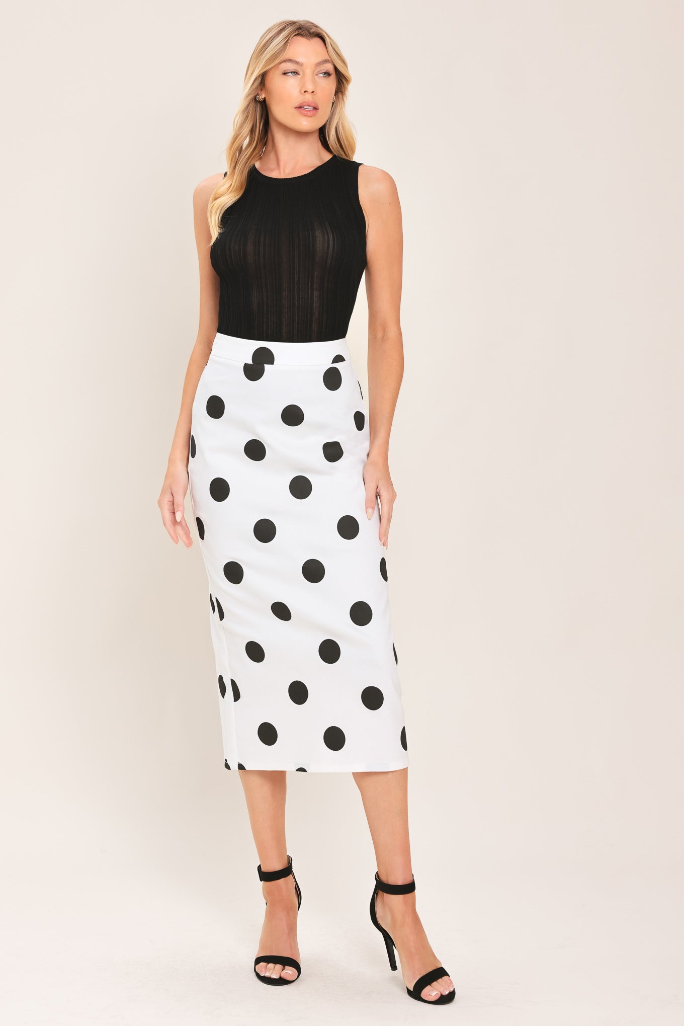 RETRO POLKA DOT WOVEN MIDI PENCIL SKIRT