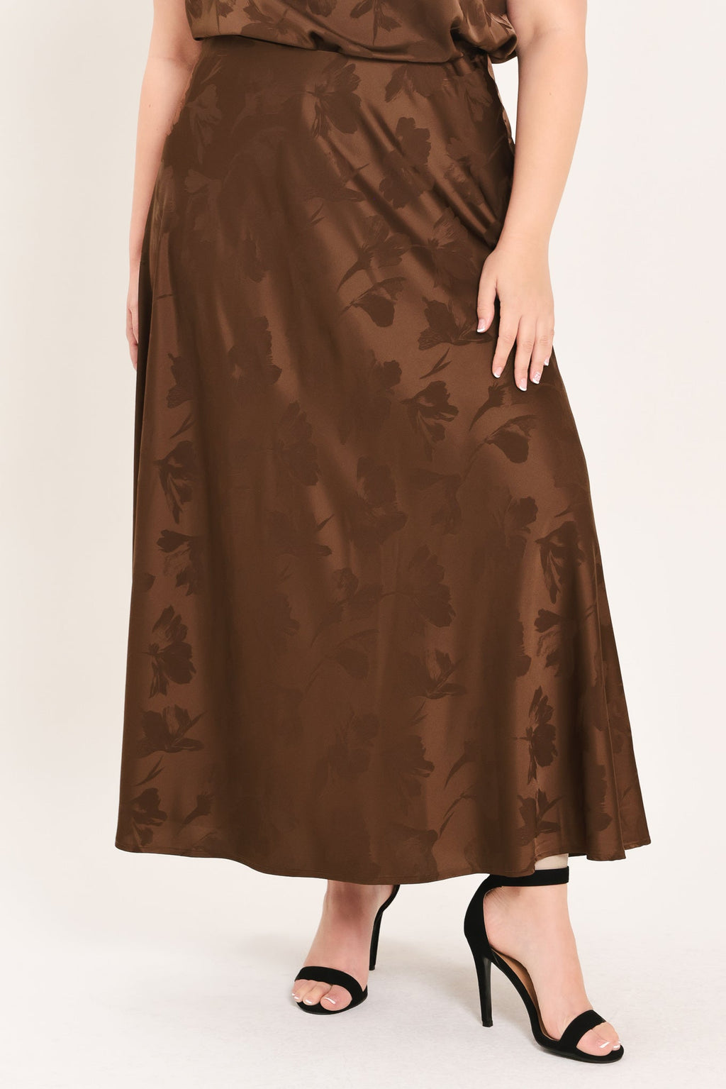 CHOCOLATE FLORAL WOVEN JACQUARD MIDI SKIRT