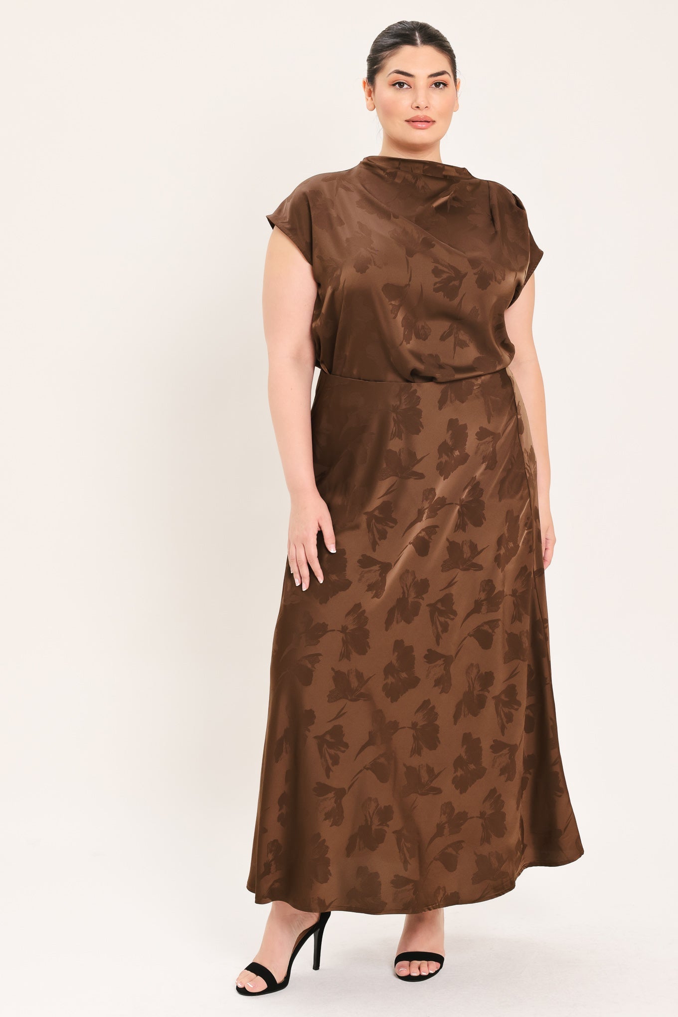 CHOCOLATE FLORAL WOVEN JACQUARD MIDI SKIRT