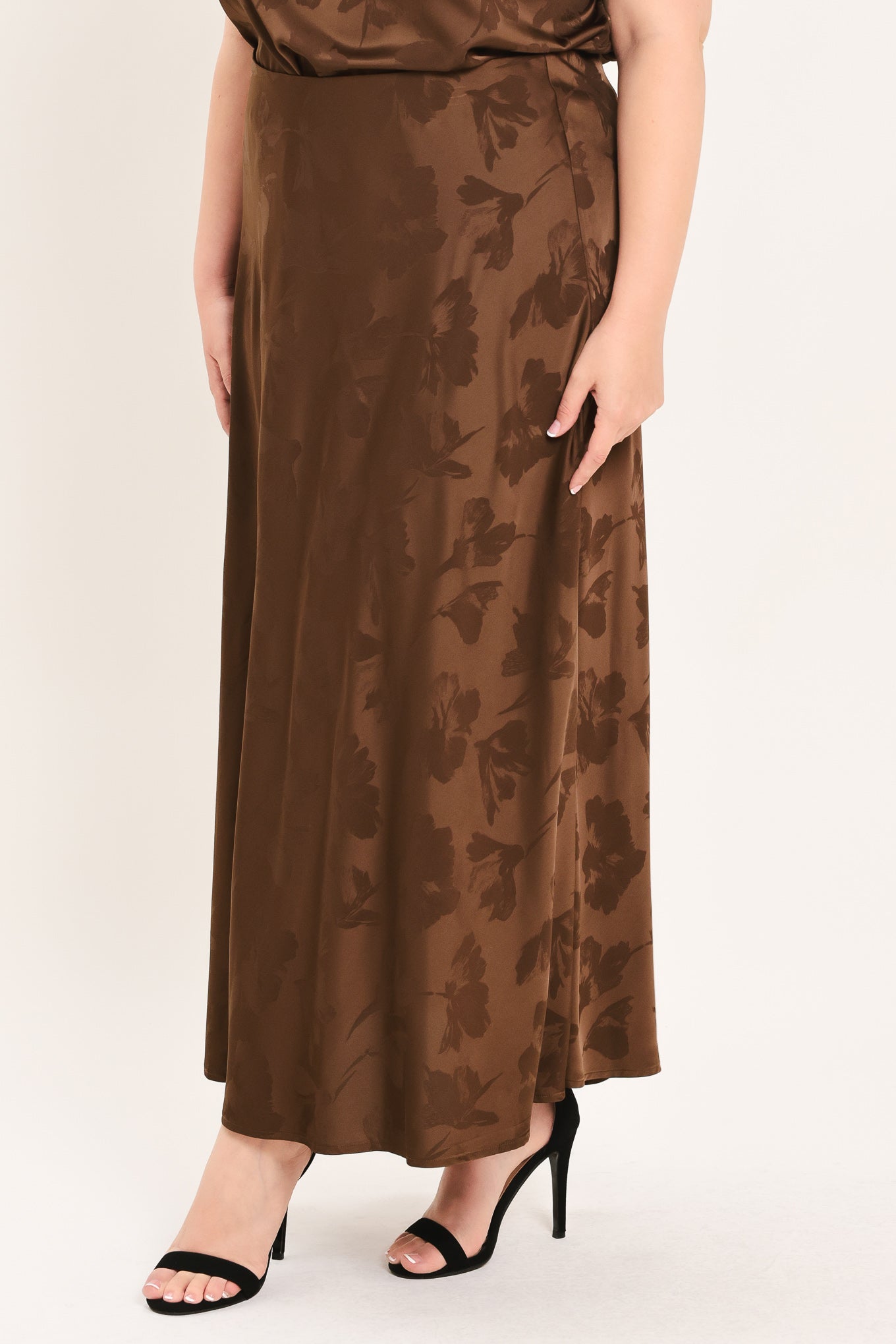 CHOCOLATE FLORAL WOVEN JACQUARD MIDI SKIRT
