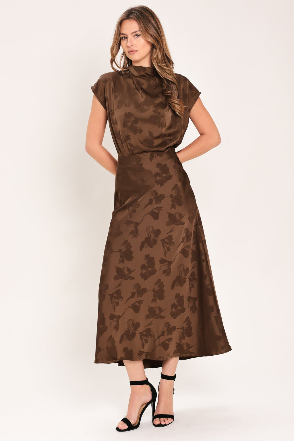 CHOCOLATE FLORAL WOVEN JACQUARD MIDI SKIRT