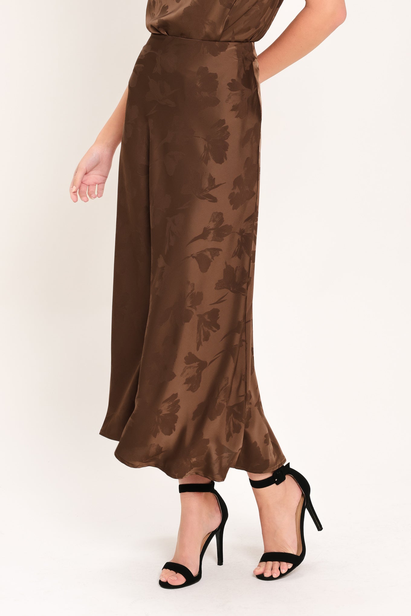 CHOCOLATE FLORAL WOVEN JACQUARD MIDI SKIRT