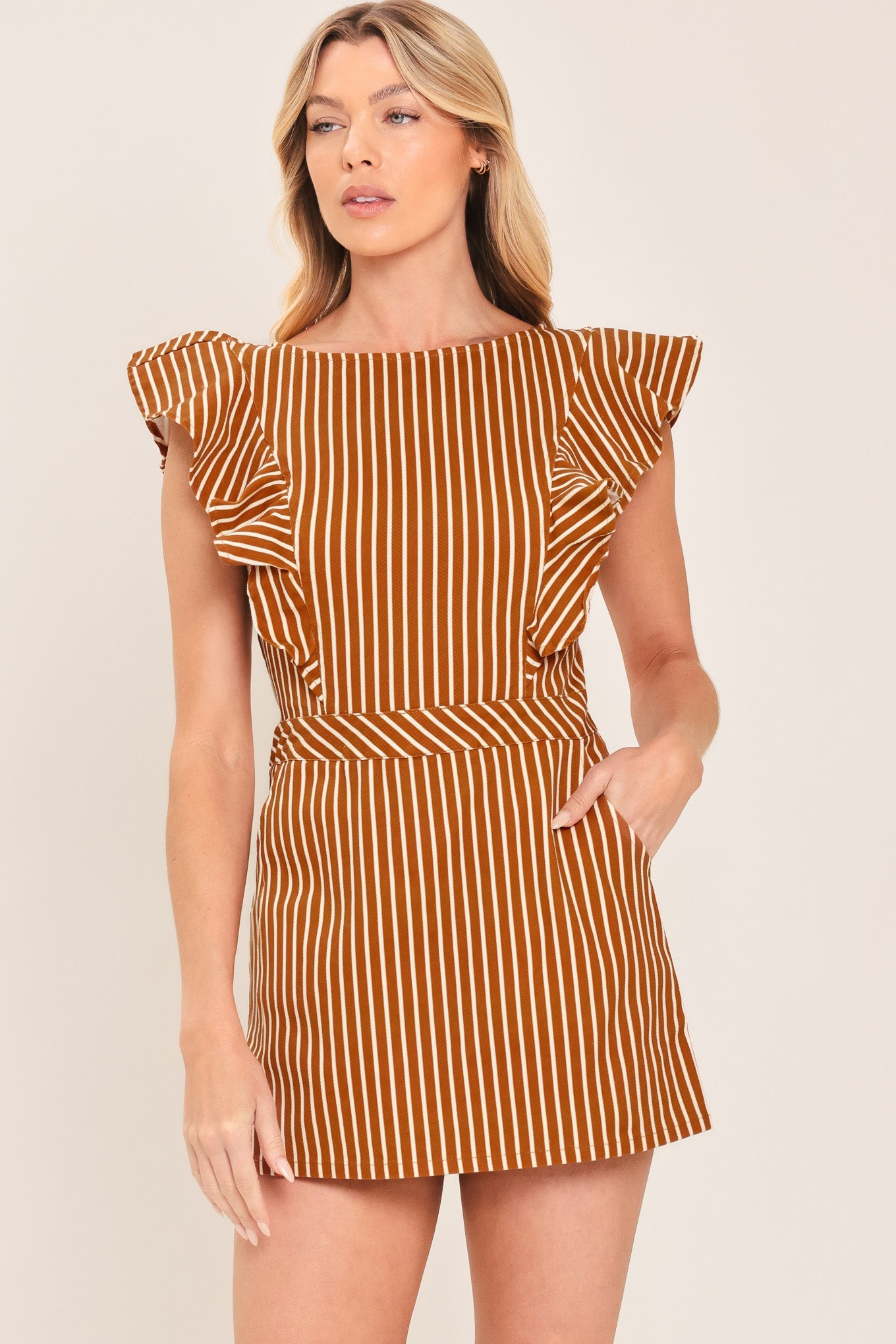 CINNAMON STRIPE WOVEN SKORT ROMPER