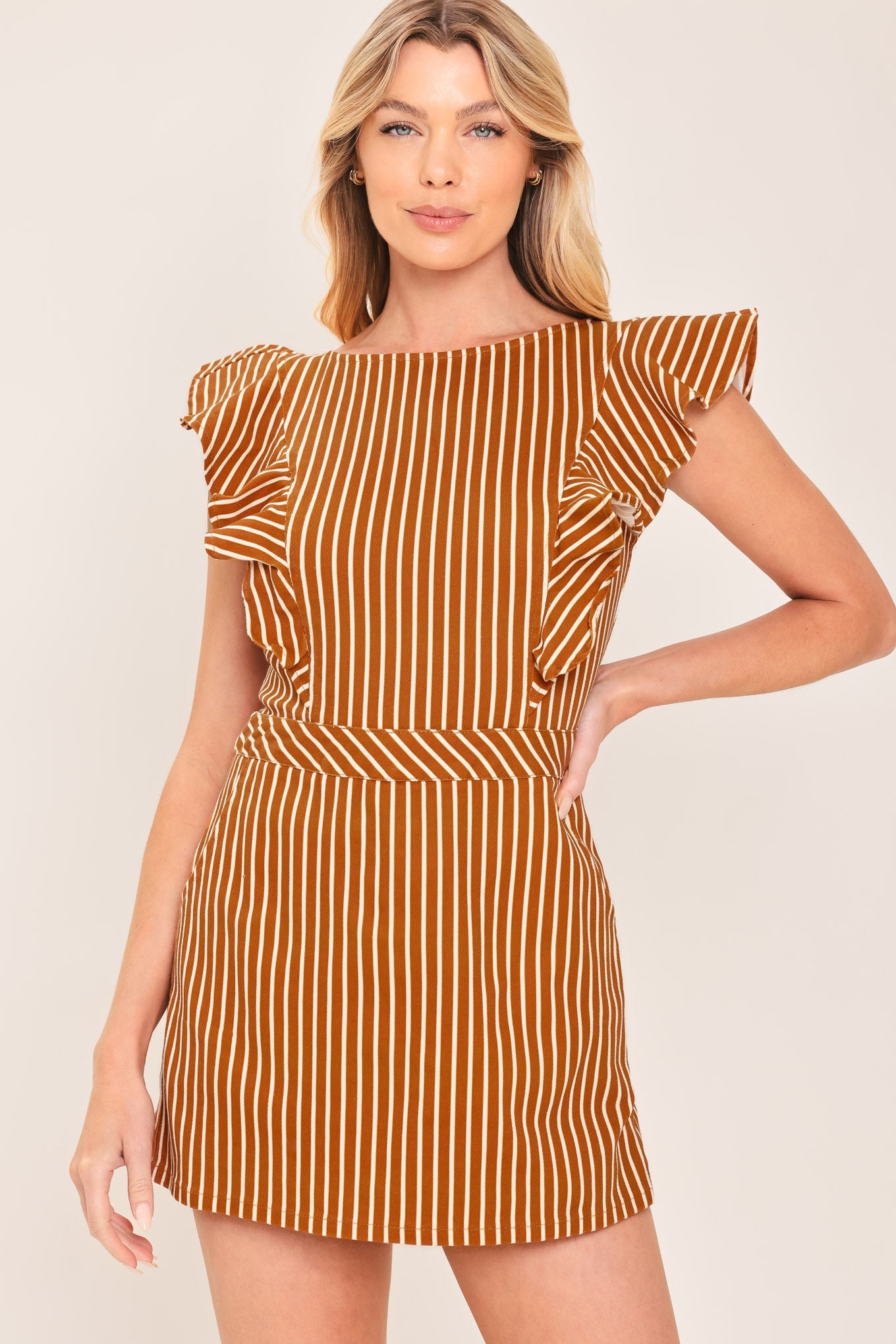 CINNAMON STRIPE WOVEN SKORT ROMPER
