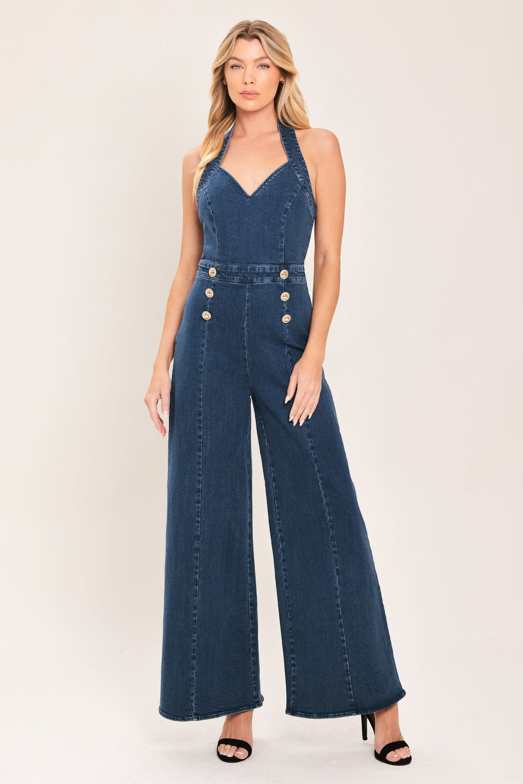 BLUE JEAN HALTER DENIM JUMPSUIT