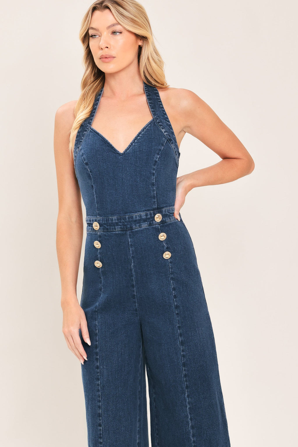 BLUE JEAN HALTER DENIM JUMPSUIT