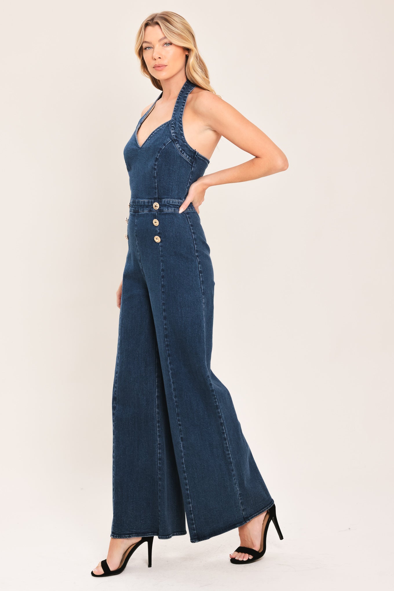 BLUE JEAN HALTER DENIM JUMPSUIT